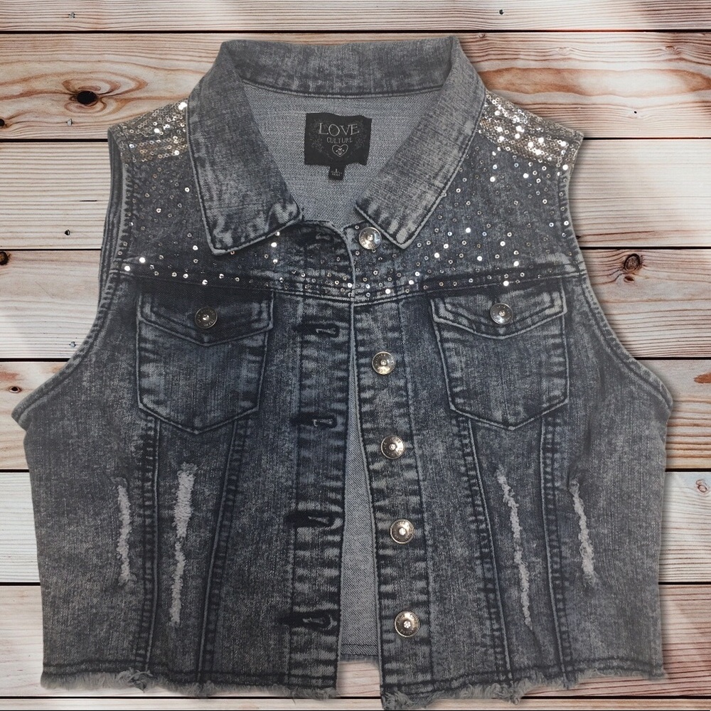 LOVE CULTURE Acid Wash Denim Vest w/Sequins